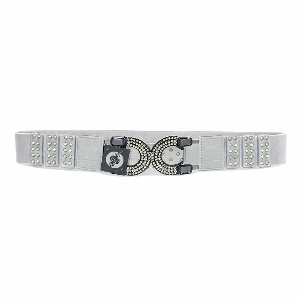 Boutique pearl grey stretch belt with rhinestone accents and buckle OSFM